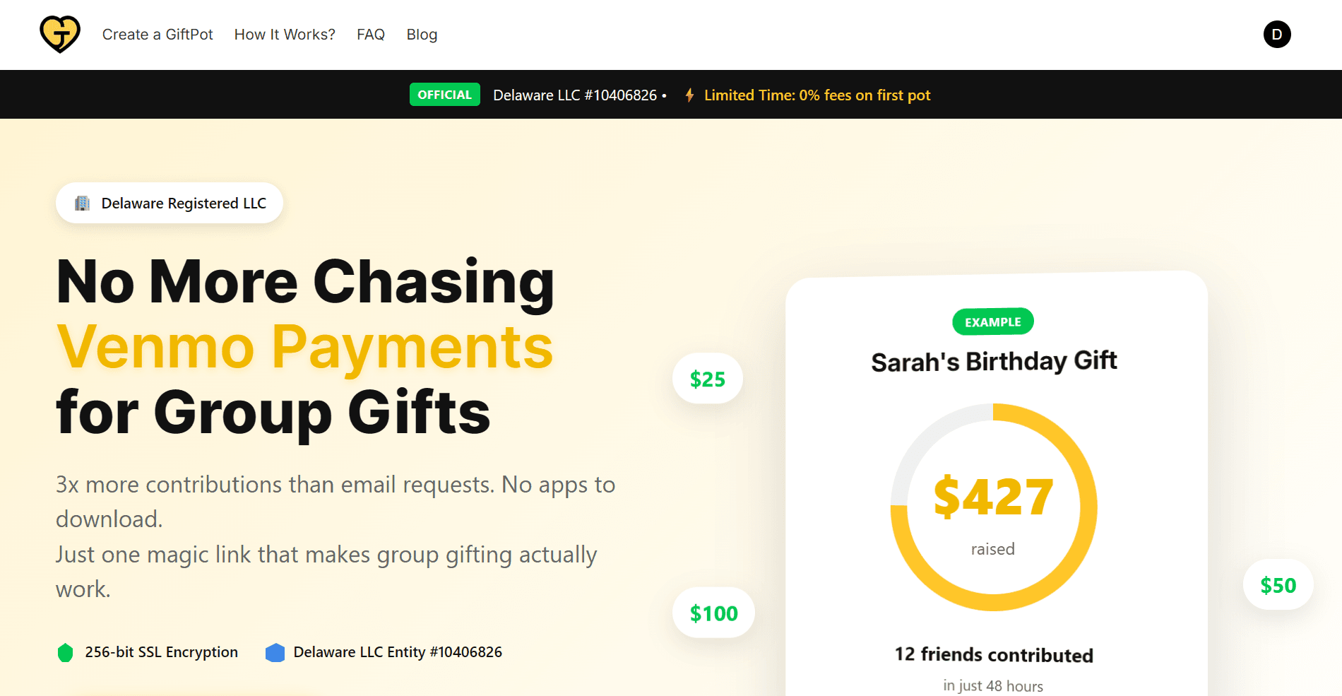 GiftPot homepage showing its group-gifting product experience